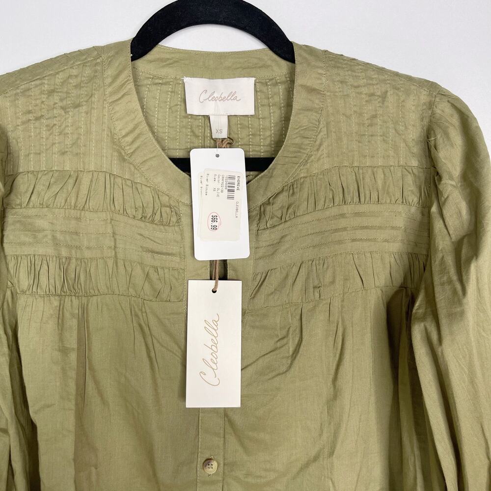 New Evereve Cleobella XS Olive Green River Blouse Puff Sleeve Button Front VNeck - Picture 8 of 14
